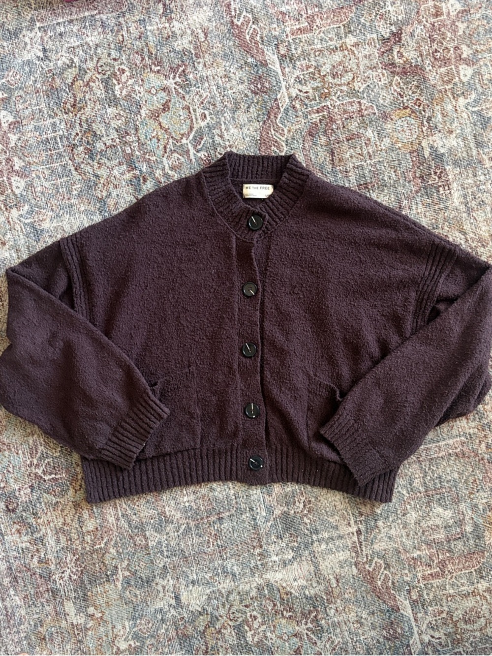 We The Free Dark Brown Button-Up Cropped Cardigan